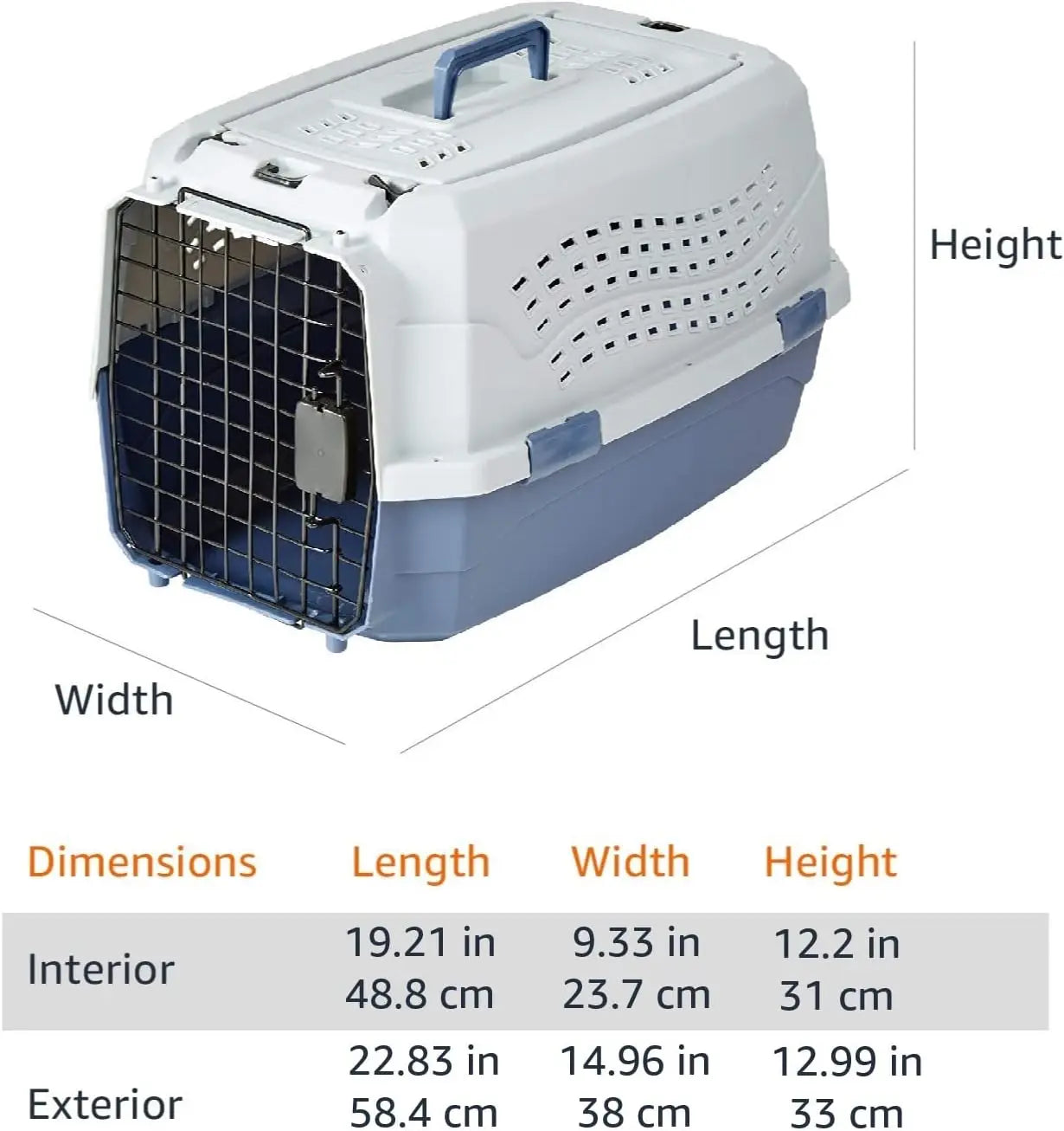 2-Door Top Load Hard Sided Dog and Cat Pet Travel Carrier Gray and Blue 22.8 Inches Long 15.0 Inches Wide 13.0 Inches High