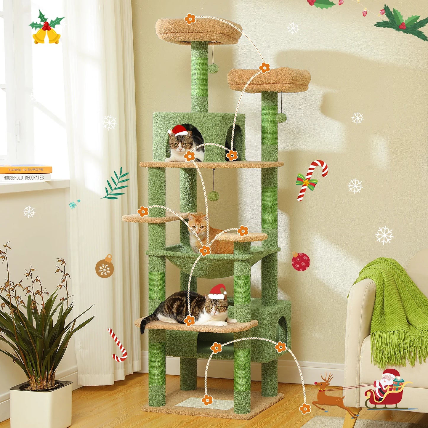 184cm Large Cat Tree Tower for Indoor Cats with Scratching Posts Hammock Perches and Condos Green
