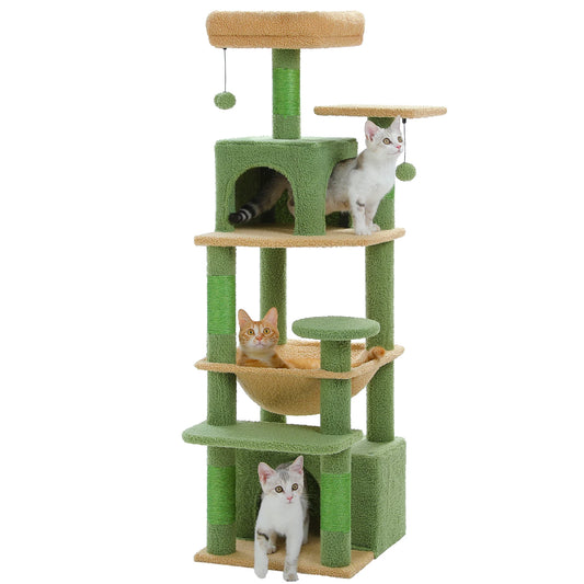 136cm Cat Tree Tower for Indoor Cats with Sisal Covered Scratching Posts Spacious Hammock Padded Perches and Condos Green